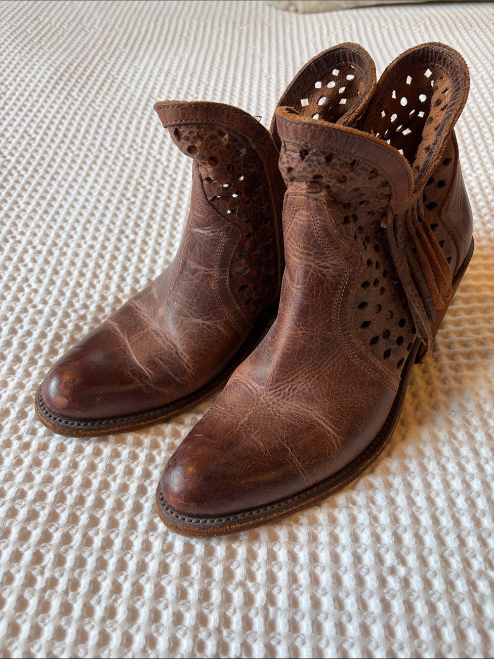 Shyanne Brown Perforated Leather Fringe Ankle Booties